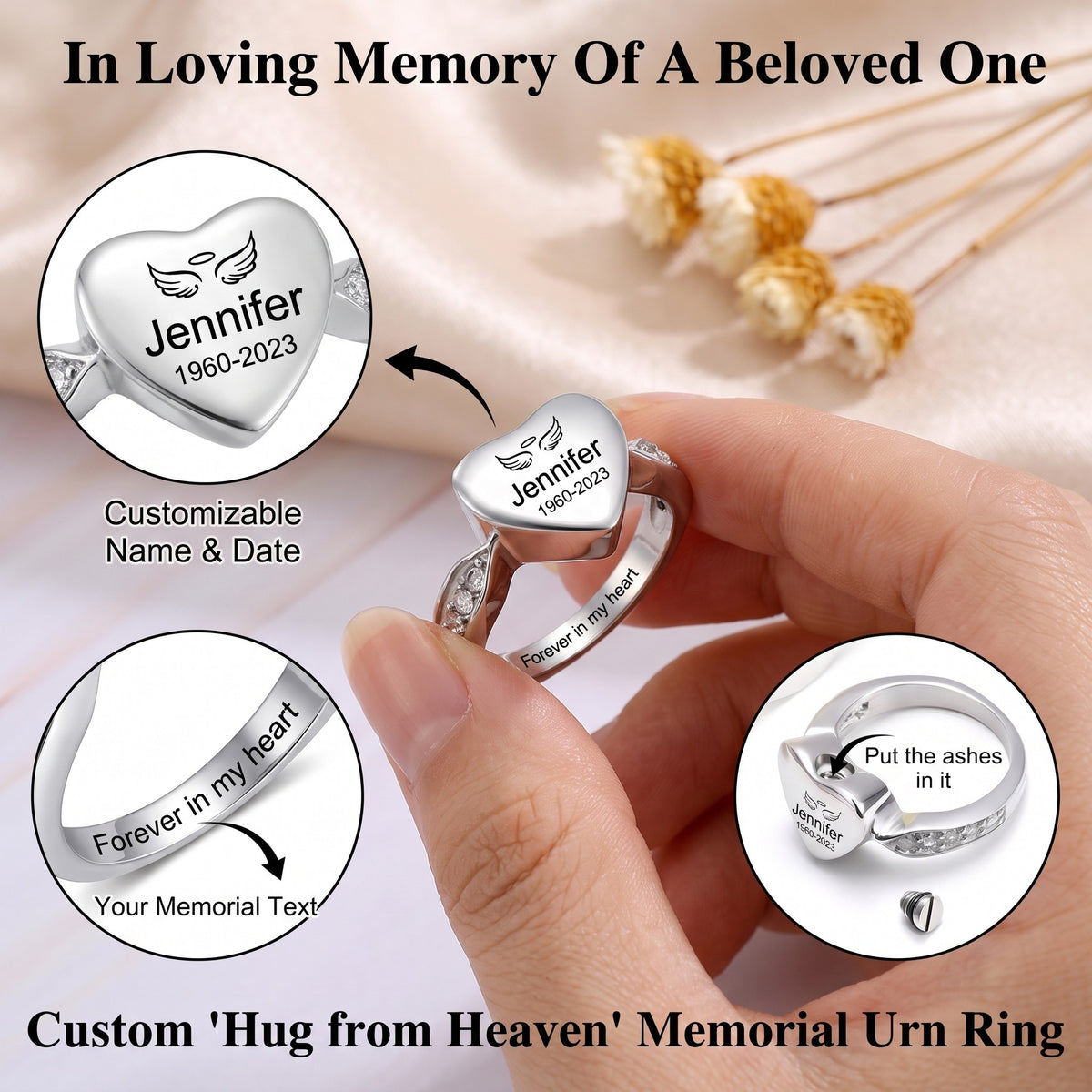 Personalized Name Date Memorial Heart Urn Ring - Custom Silver Jewelry for Loss