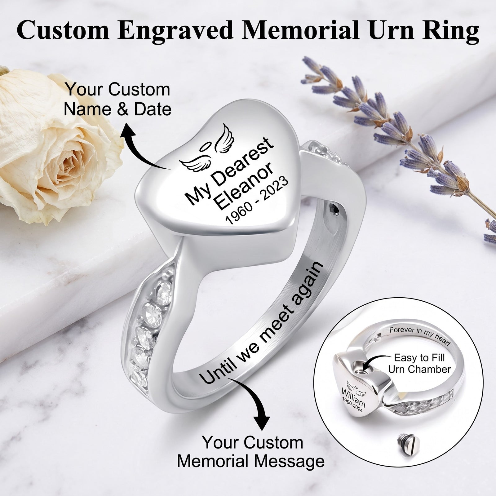 Personalized Name Date Memorial Heart Urn Ring - Custom Silver Jewelry for Loss