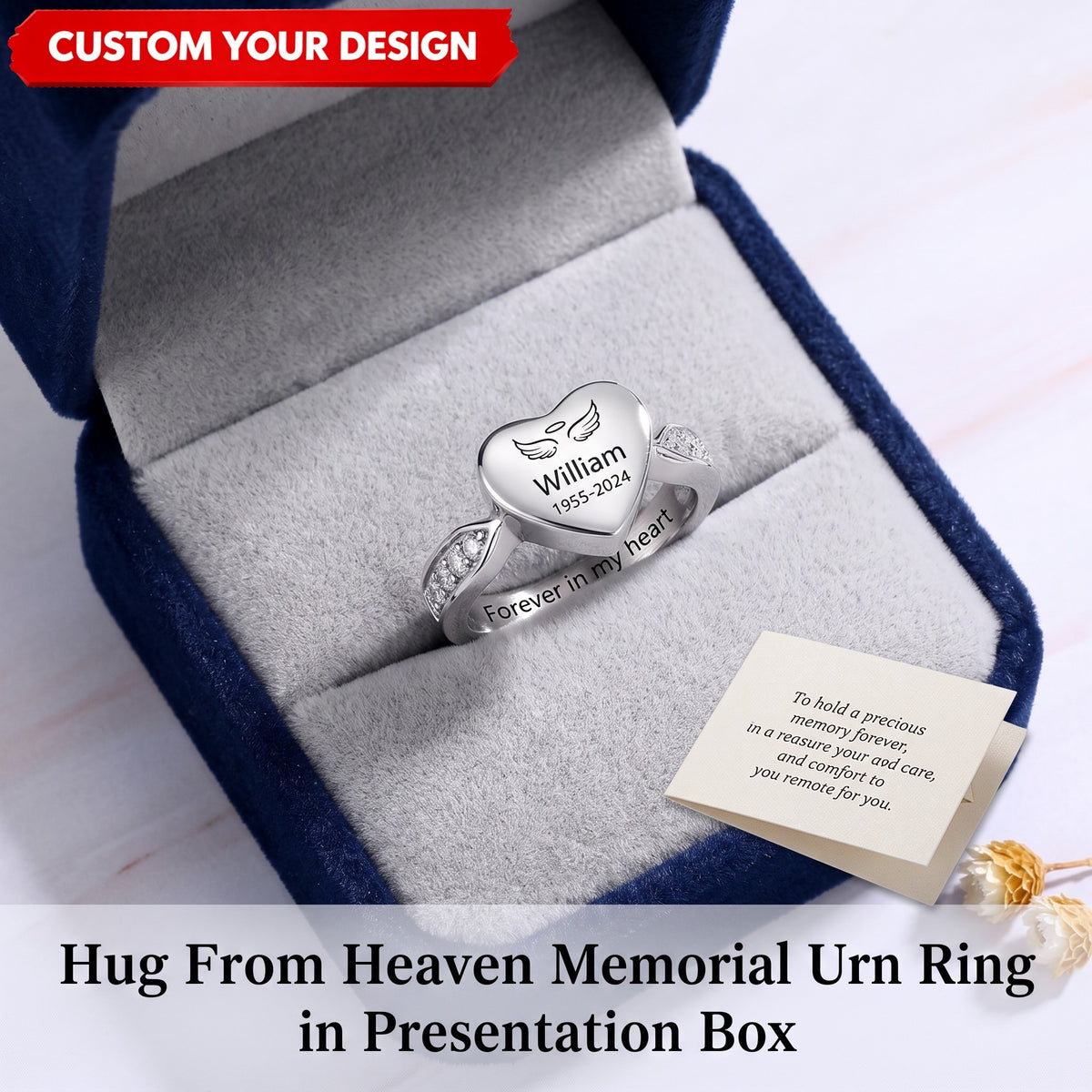 Personalized Name Date Memorial Heart Urn Ring - Custom Silver Jewelry for Loss