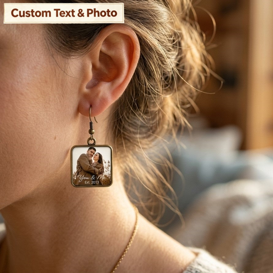 Personalized "You & Me" Photo Earrings - Custom Square Keepsake Jewelry Anniversary Gift for Her