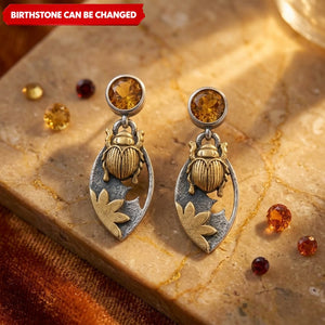 Personalized Scarab Birthstone Earrings – Vintage Drop Jewelry, Citrine-Inspired Detail, Gift for Her