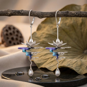 Vintage 3D Lotus Cloud Mountain Pearl Earrings - Artistic Dangle Jewelry, Unique Gift for Her
