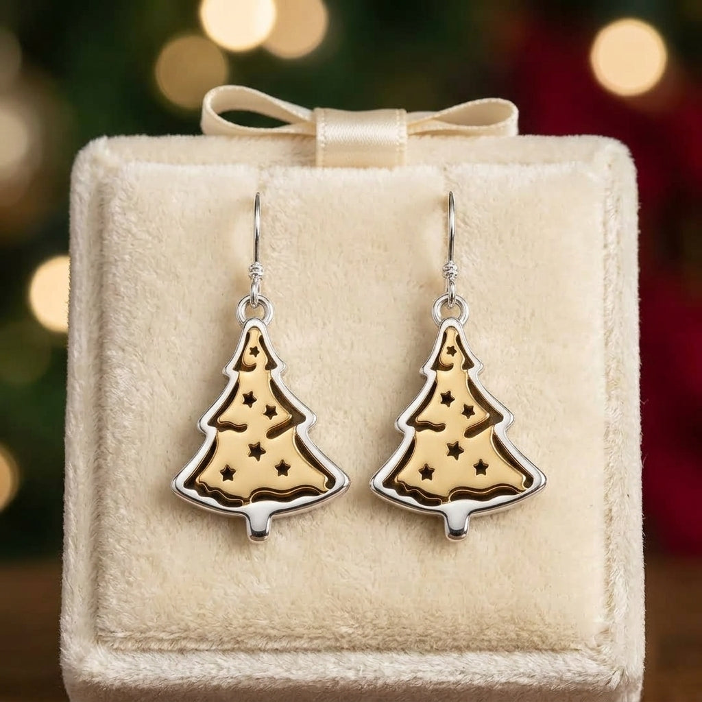 Vintage Christmas Tree Star Earrings – Cutout Holiday Drop Jewelry, Festive Gift for Her