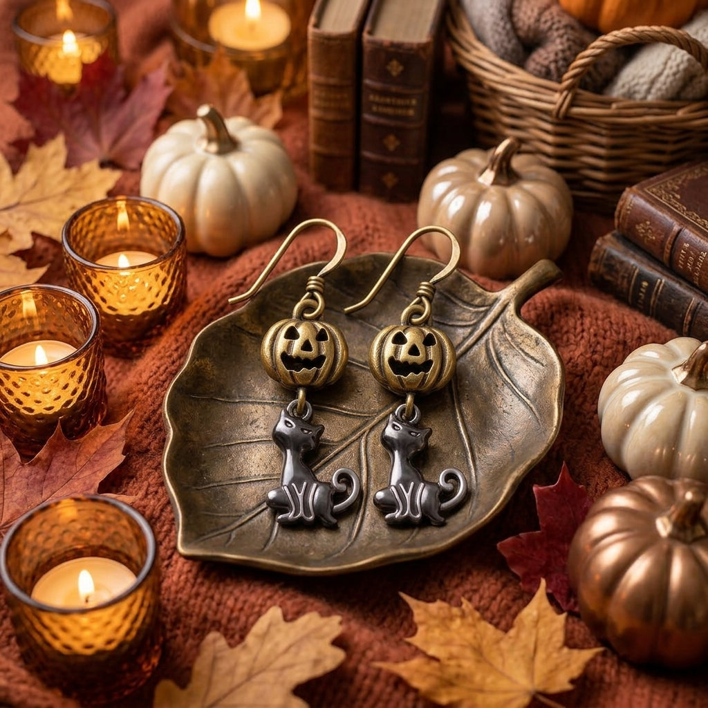 Vintage Pumpkin & Black Cat Earrings – Halloween Dangle Jewelry, Spooky Gift for Her
