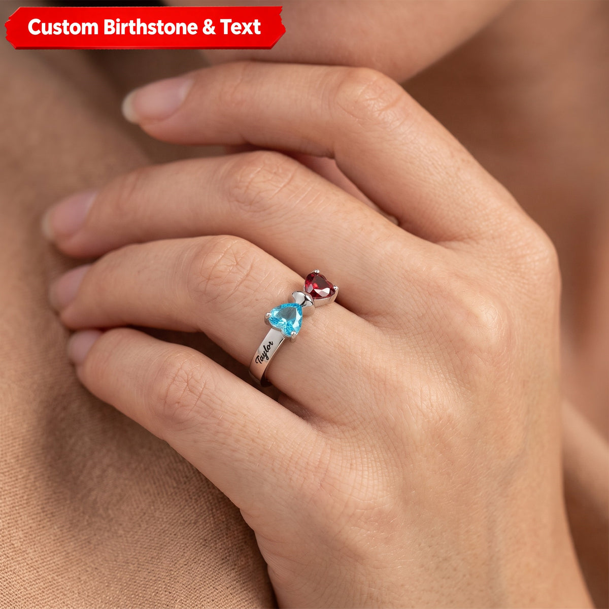 Adorable Bow Custom Heart Birthstone Personalized Engraving Names Ring, Gift For Couple