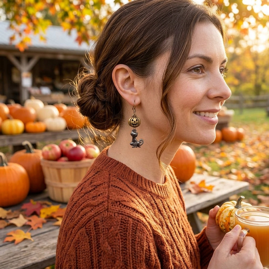 Vintage Pumpkin & Black Cat Earrings – Halloween Dangle Jewelry, Spooky Gift for Her
