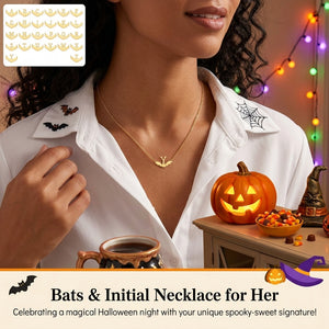 Gold Bat Initial Necklace – Halloween Jewelry Gift for Women with Adjustable Chain