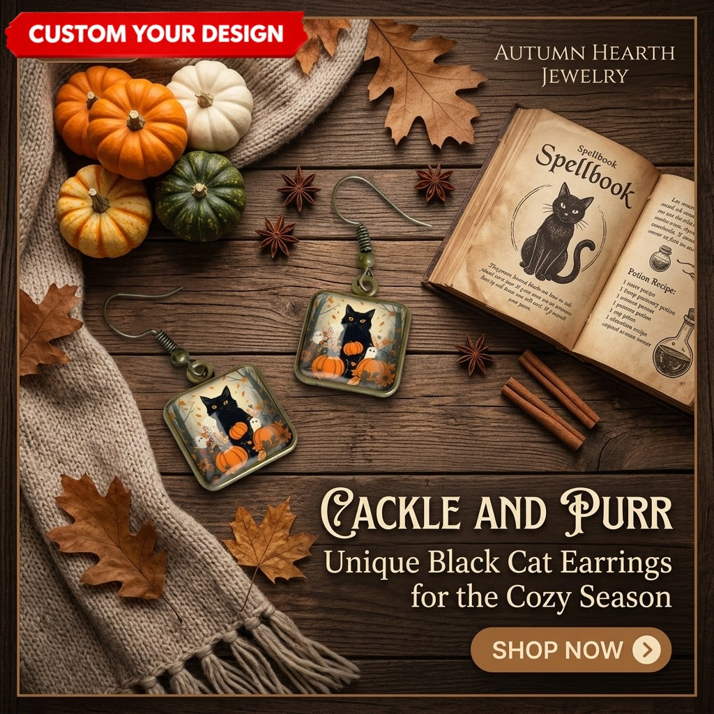 Personalized Halloween Square Drop Earrings – Black Cat, Ghost, Witch & Pumpkin Autumn Jewelry