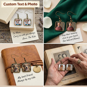 Personalized Photo Square Drop Earrings – Vintage Keepsake Jewelry, Meaningful Gift for Mom, Wife & Family