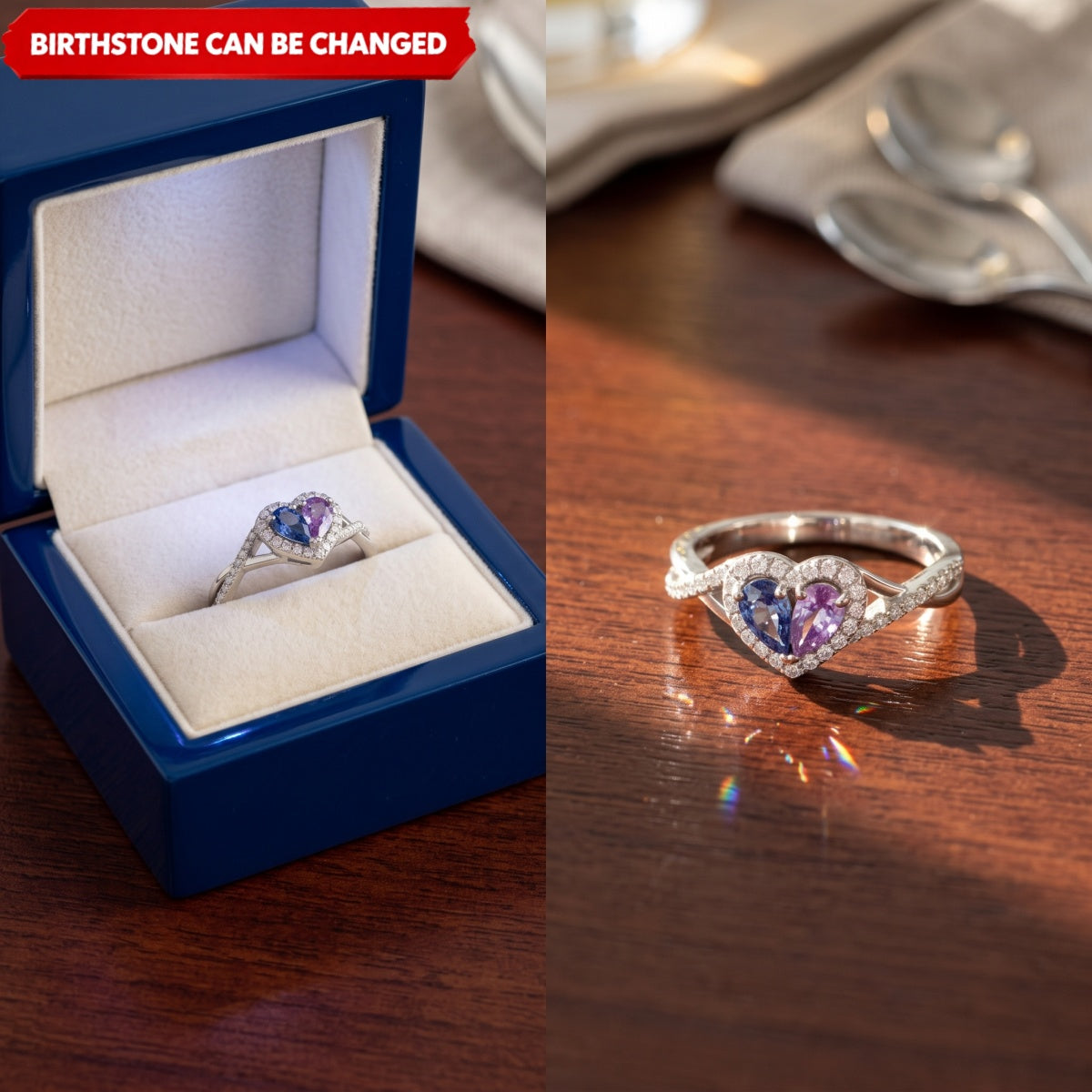 Mother And Daughter Dual Teardrop Birthstone Heart Ring