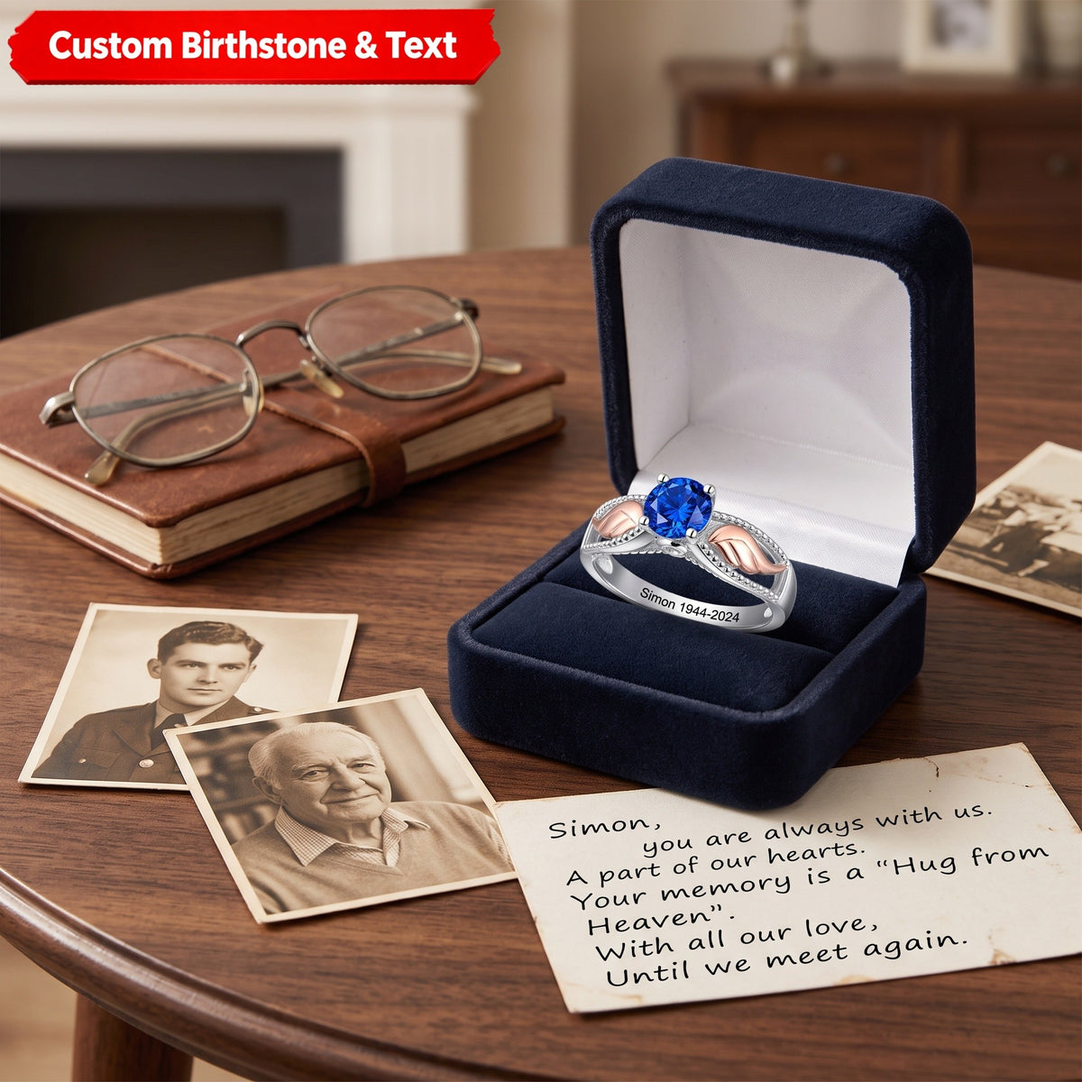 Hug From Heaven - Angel Wing Birthstone Personalized Memorial Ring