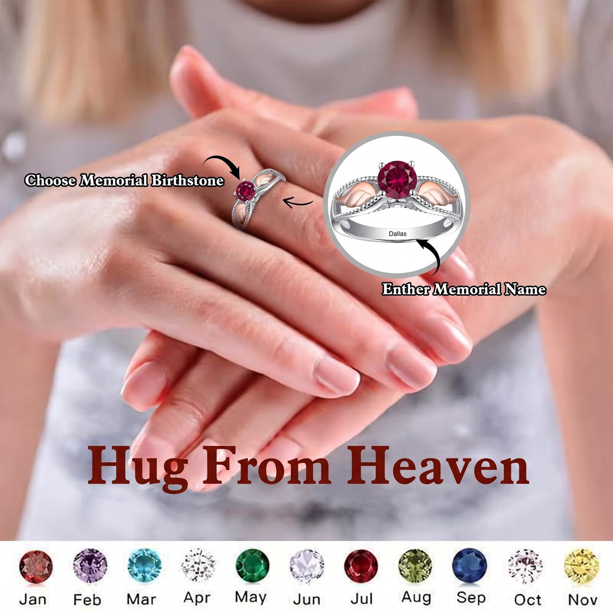 Hug From Heaven - Angel Wing Birthstone Personalized Memorial Ring