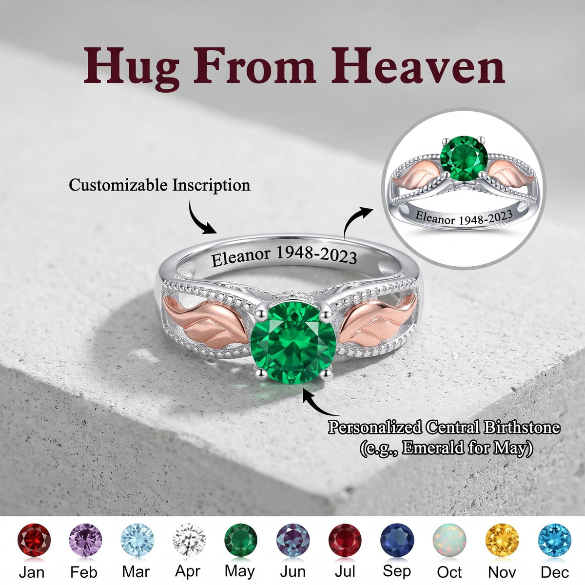 Hug From Heaven - Angel Wing Birthstone Personalized Memorial Ring