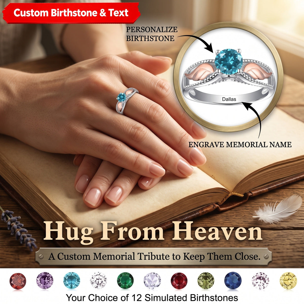 Hug From Heaven - Angel Wing Birthstone Personalized Memorial Ring