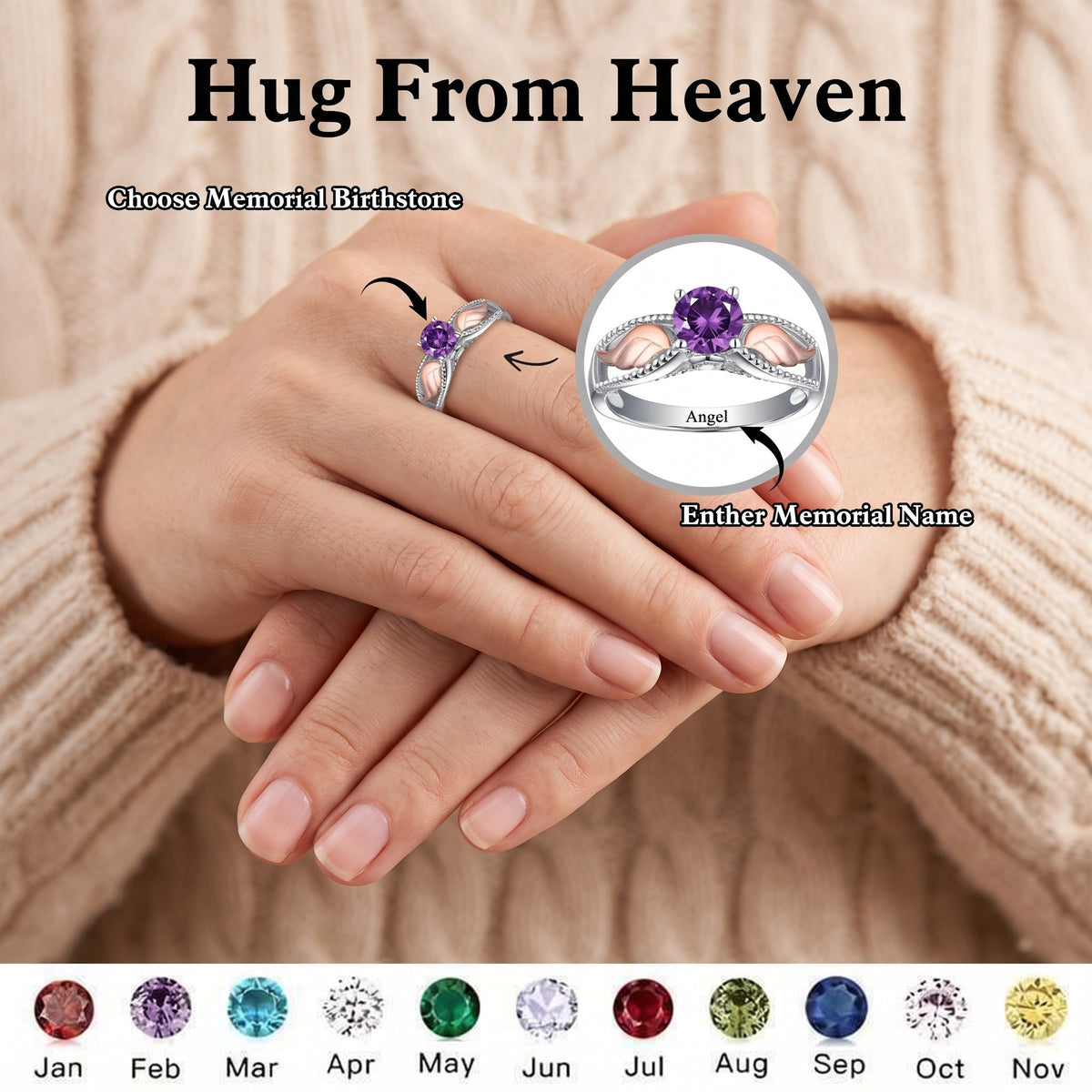 Hug From Heaven - Angel Wing Birthstone Personalized Memorial Ring