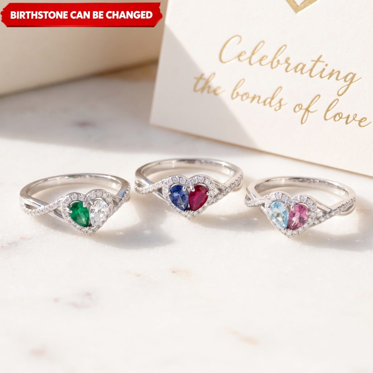 Mother And Daughter Dual Teardrop Birthstone Heart Ring