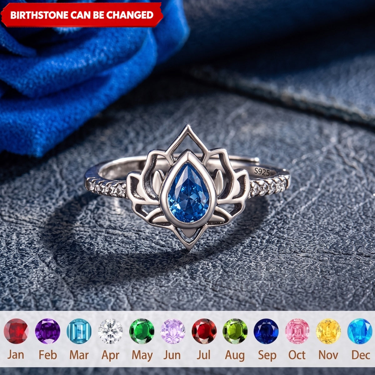 12 Months Personalized Birthstone Lotus Flower Ring - Gift For Her Women