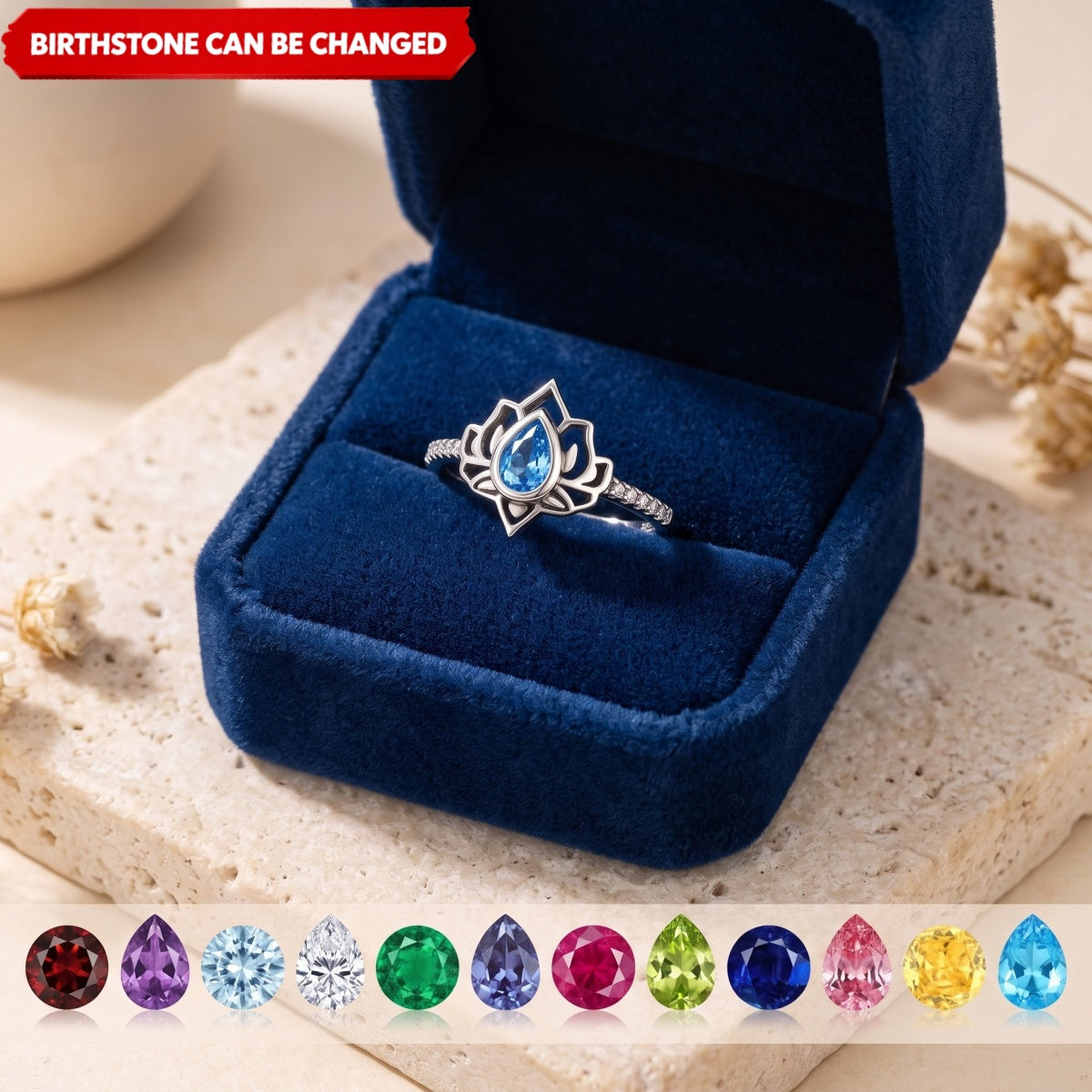 12 Months Personalized Birthstone Lotus Flower Ring - Gift For Her Women