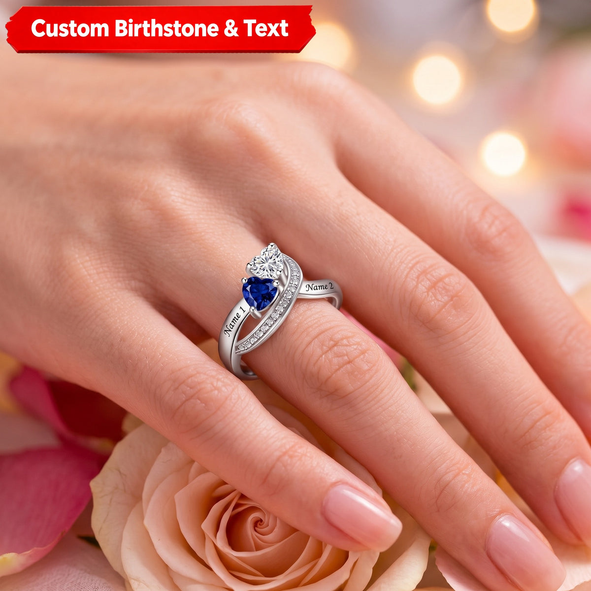 Personalized Promise Heart Cut Birthstone Ring, Two Name Engraved Jewelry Partner Romance Gift for Her