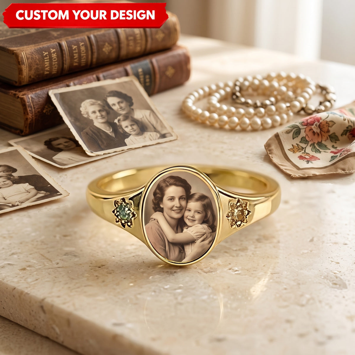 Custom Photo Ring With Birthstones Gift For Her - Personalized Rings