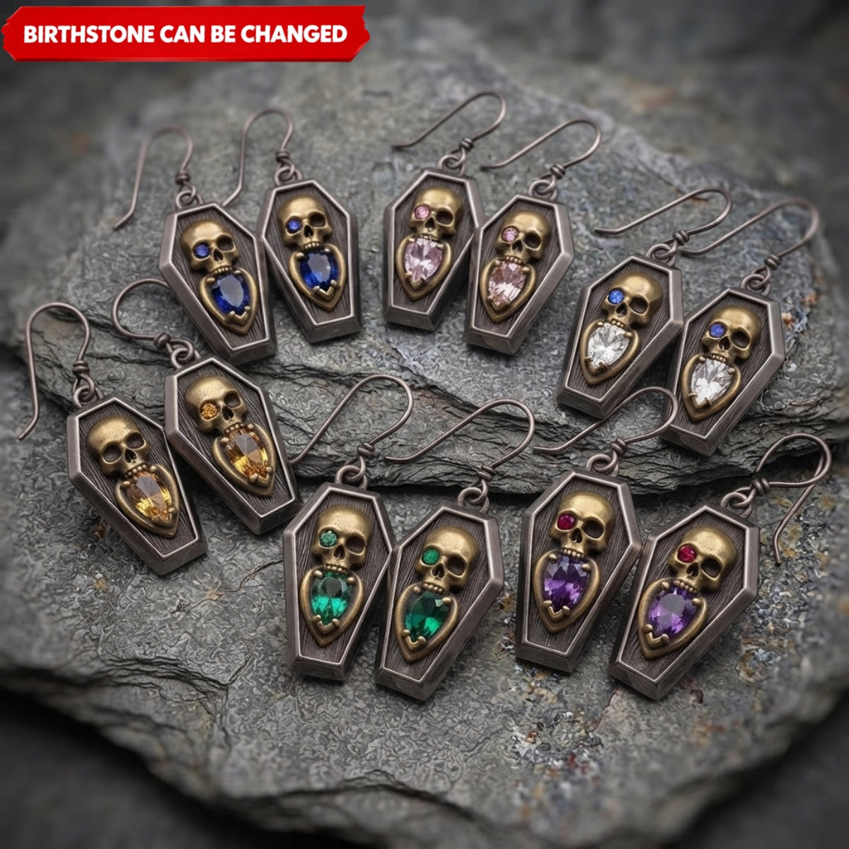 Personalized Birthstone Coffin Skull Dangle Earrings – Vintage Gothic Antique Brass Jewelry