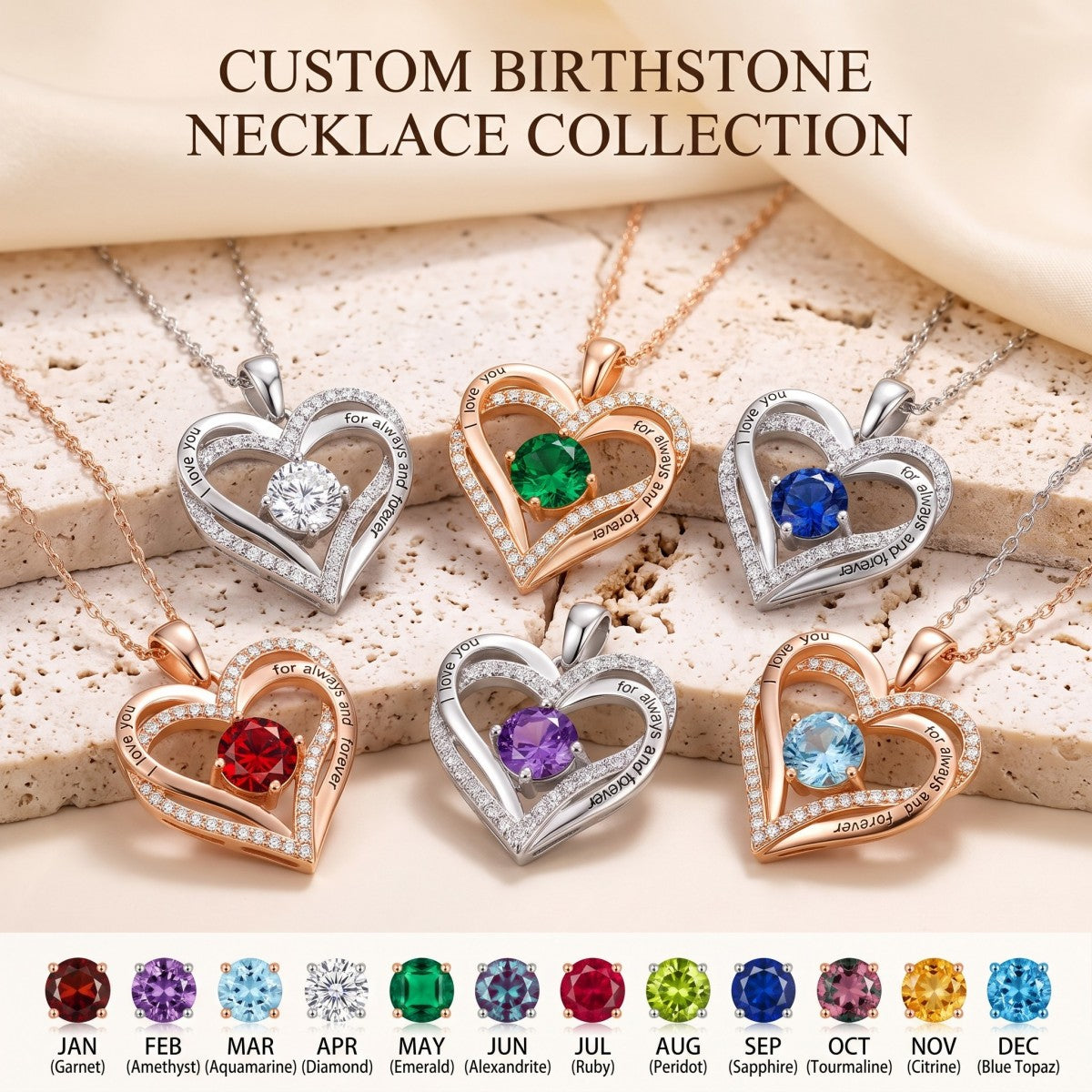 Engraved Forever Love Heart Birthstone Necklace Crystal Necklace Jewelry Double Heart Mother Gift