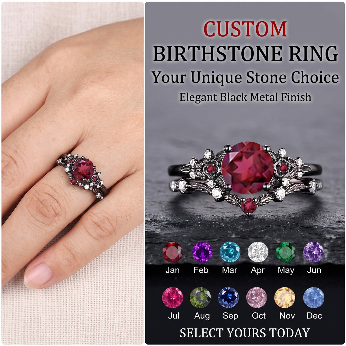 Unique Round Shape Custom Birthstone Stacking Rhodium Black Rings, Gift For Women