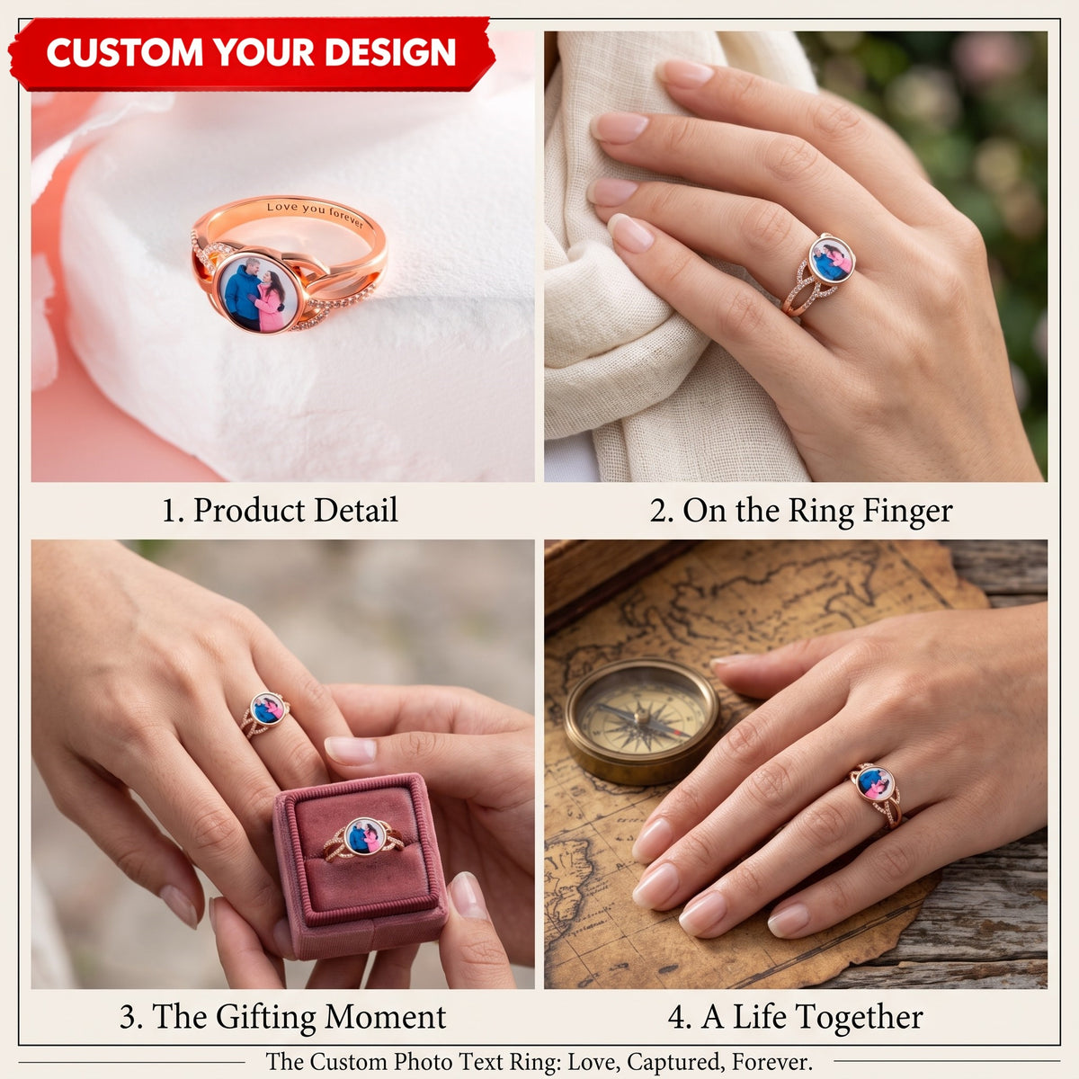 Forever Love - Custom Photo Couple Engraved Text Personalized Ring with Sparkling Diamond Jewelry Gift For Family Mom Wife Girlfriend