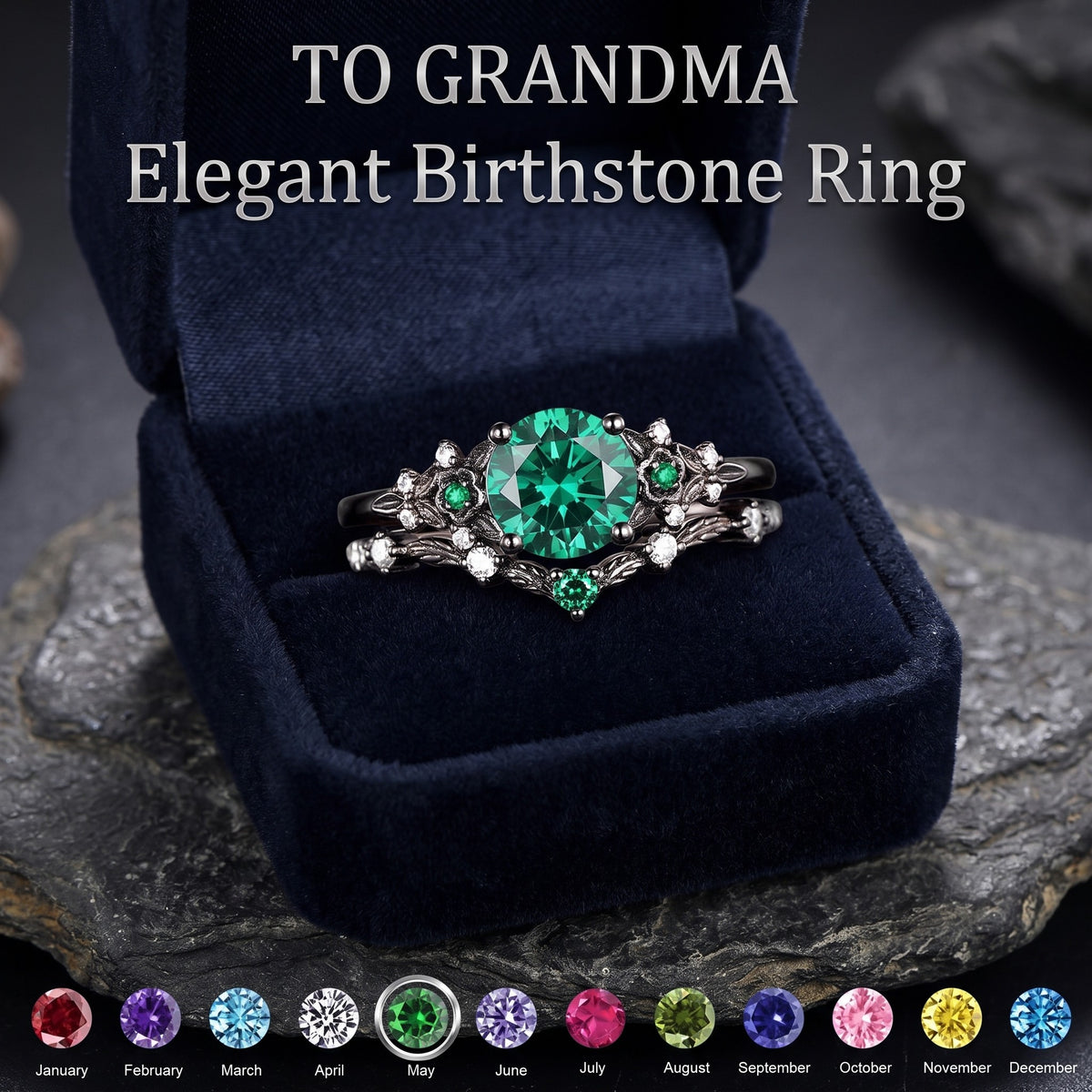 Unique Round Shape Custom Birthstone Stacking Rhodium Black Rings, Gift For Women