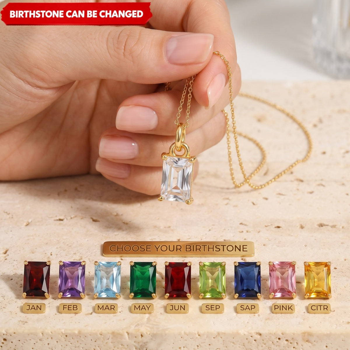 Personalized Rectangle Birthstone Necklace Cubic Zirconia Trendy Crystal Pendant Everyday Necklace Jewelry for Women