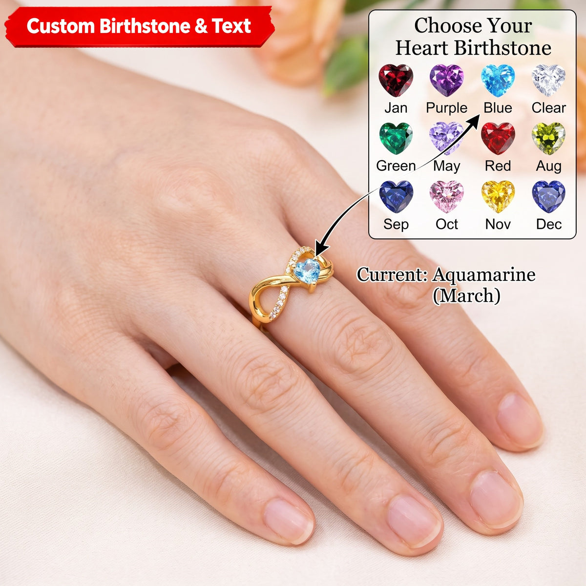 Personalized Angel Wing Heart Birthstone Engraved Infinity Ring Birthday Anniversary Gift for Her
