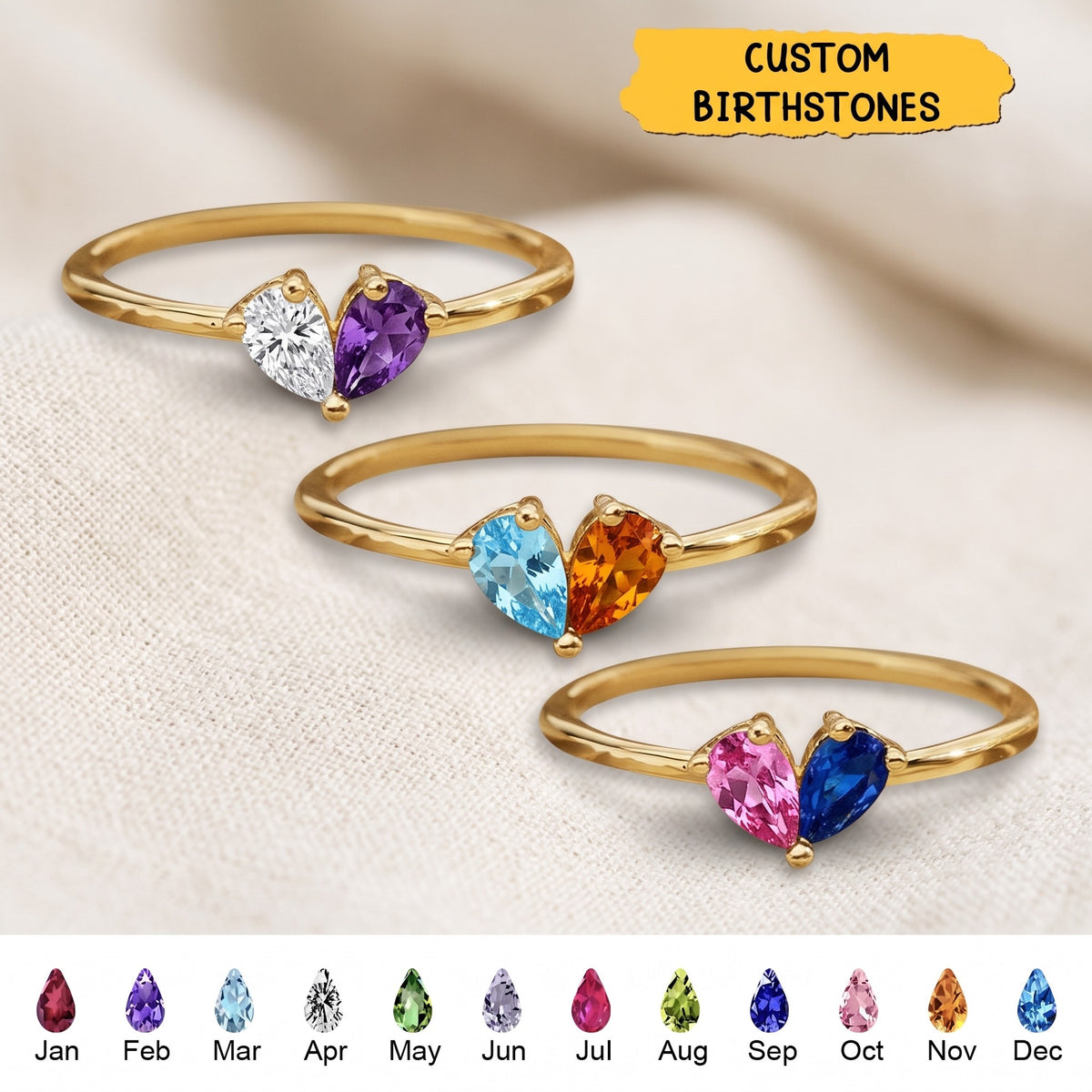 Custom Heart Birthstone Ring, 2 Birthstone Personalized Mama's Valentine Pieced Heart Ring