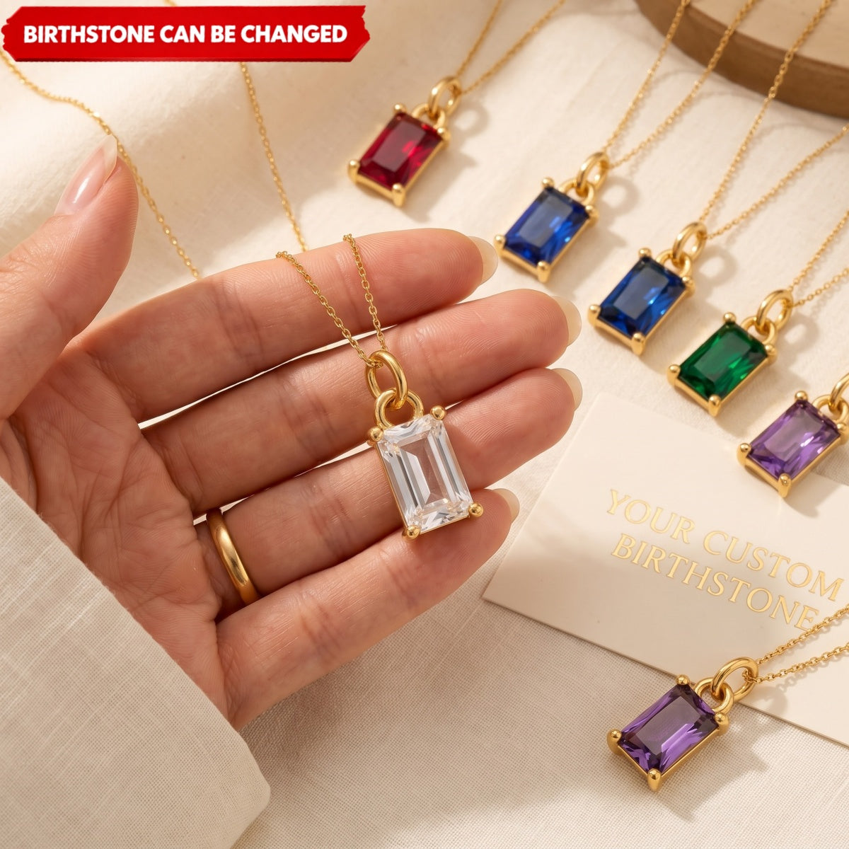 Personalized Rectangle Birthstone Necklace Cubic Zirconia Trendy Crystal Pendant Everyday Necklace Jewelry for Women