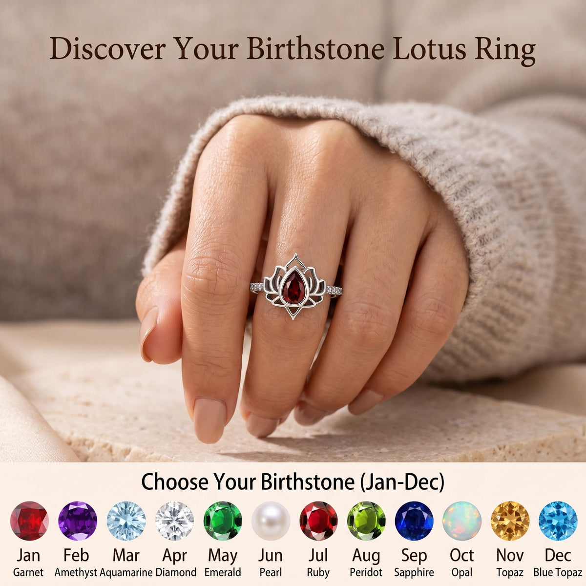 12 Months Personalized Birthstone Lotus Flower Ring - Gift For Her Women