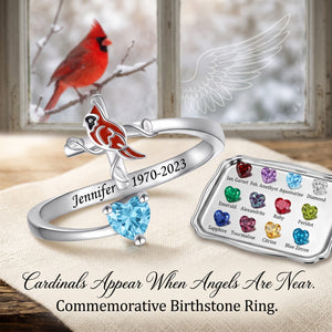 Cardinal On Cross Heart Birthstone Memorial Personalized Ring Rememberance Gift