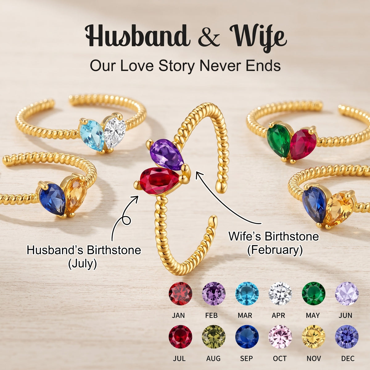 For Love - Partners In Love Heart Personalized Birthstone Ring for Couple Mother & Daughter