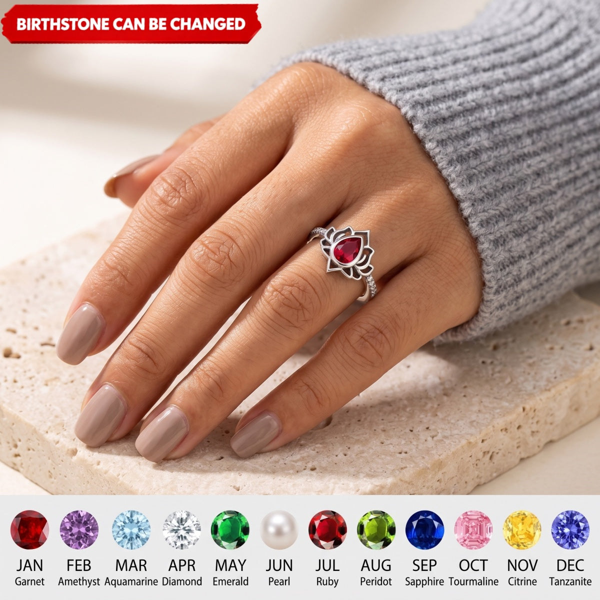12 Months Personalized Birthstone Lotus Flower Ring - Gift For Her Women