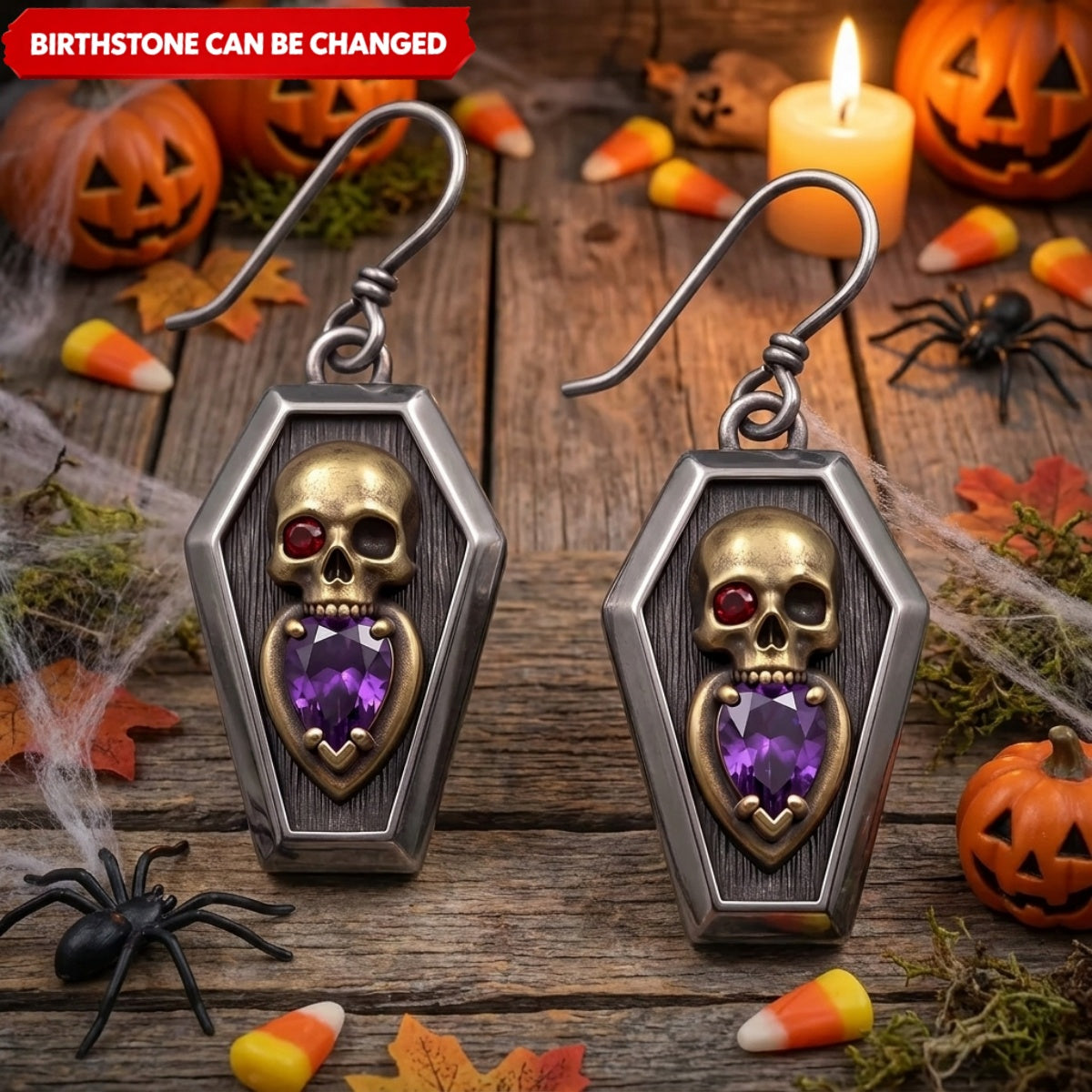 Personalized Birthstone Coffin Skull Dangle Earrings – Vintage Gothic Antique Brass Jewelry