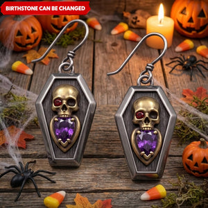 Personalized Birthstone Coffin Skull Dangle Earrings – Vintage Gothic Antique Brass Jewelry