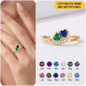 Personalized Promise Heart Cut Birthstone Ring, Two Name Engraved Jewelry Partner Romance Gift for Her