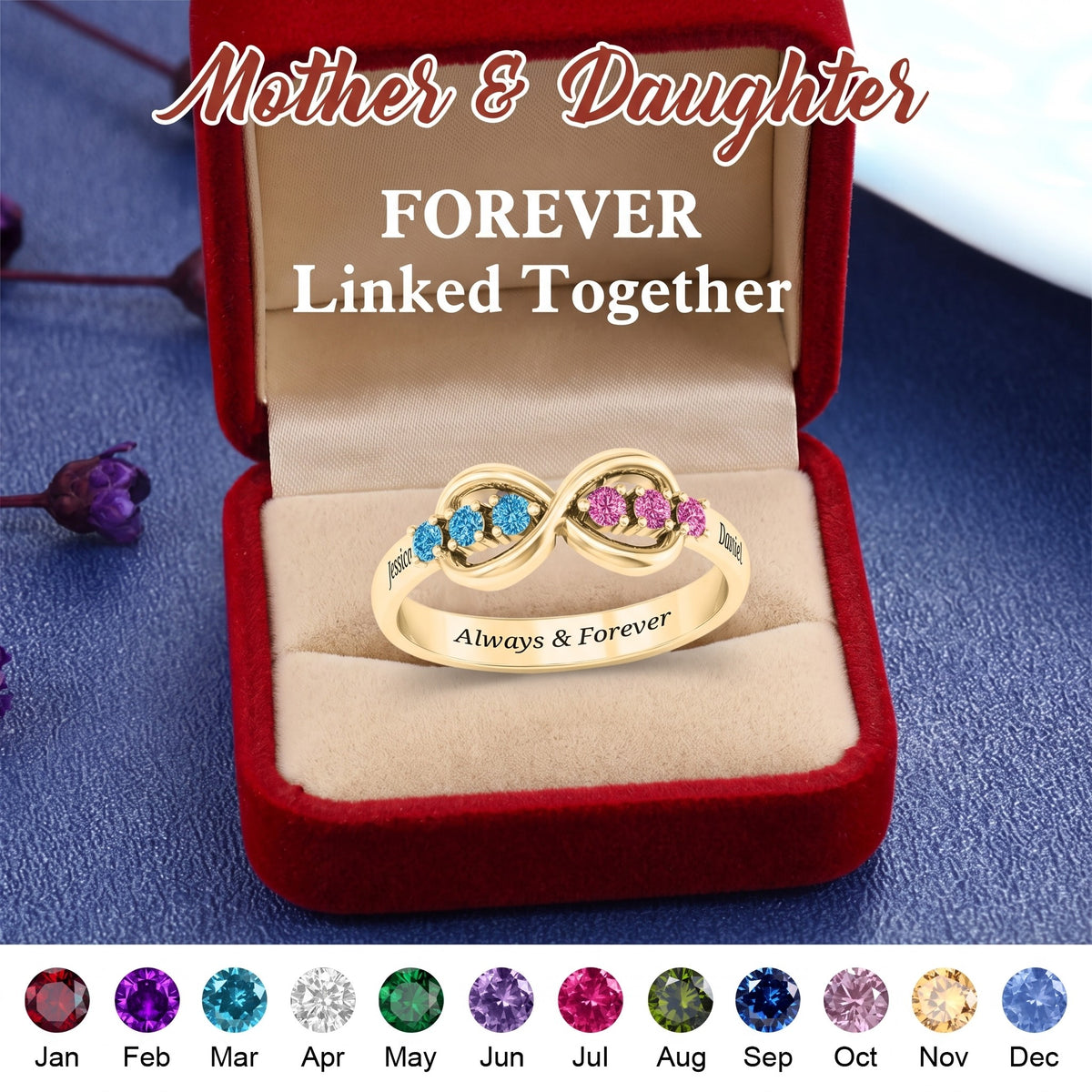Personalized Infinity Birthstone Engraved Name Ring - Custom Jewelry for Women Couple