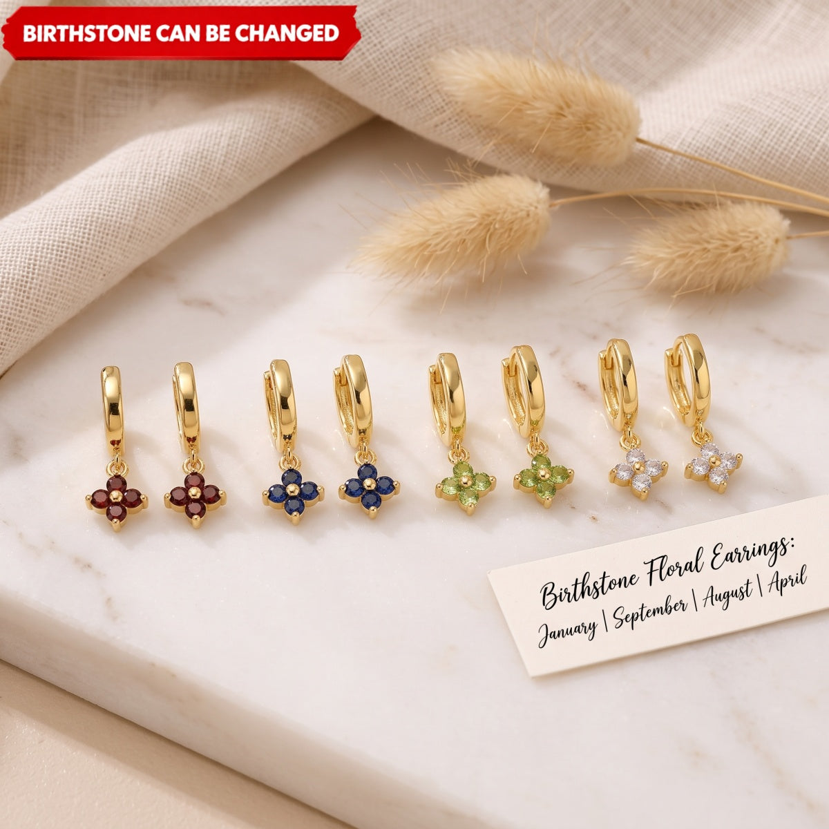 Personalized Dainty Flower Birthstone Huggies Earrings Everyday Dangle Hoop Jewelry for Women Mom