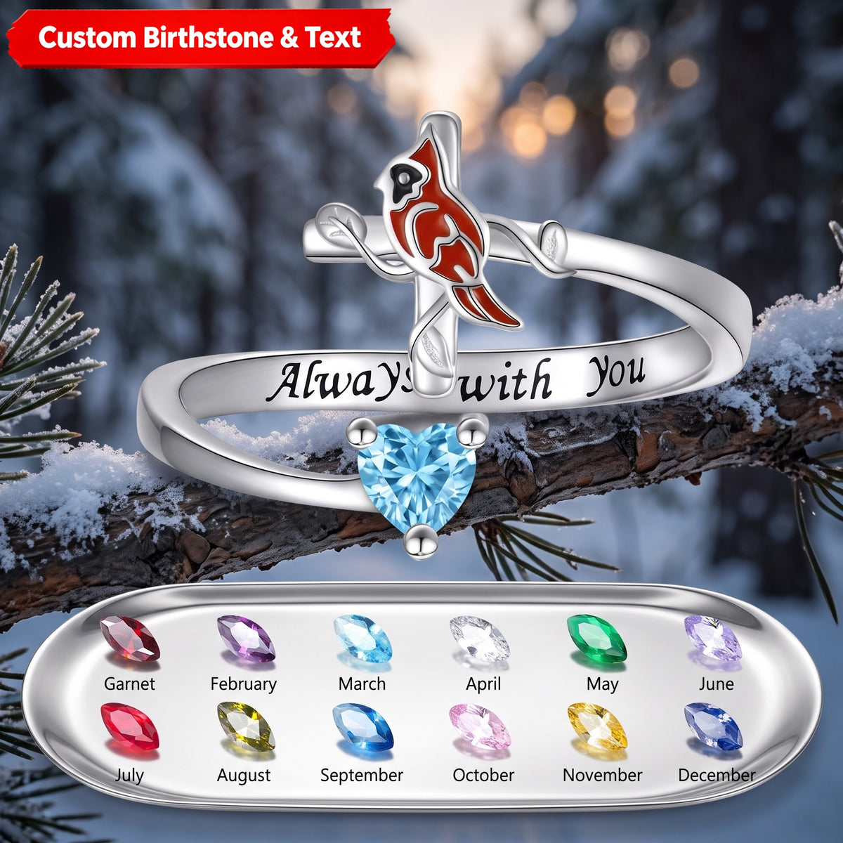 Cardinal On Cross Heart Birthstone Memorial Personalized Ring Rememberance Gift