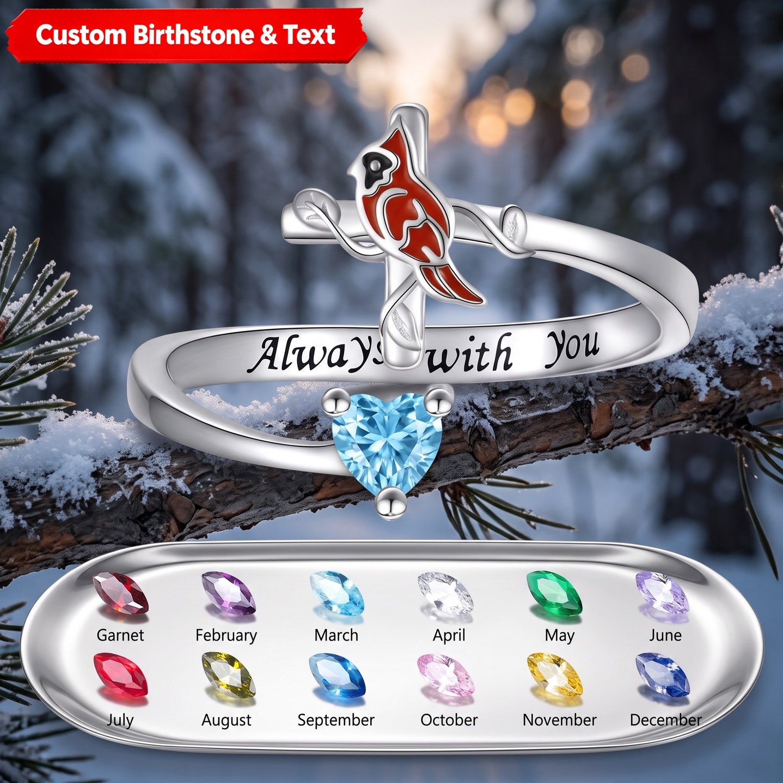 Cardinal On Cross Heart Birthstone Memorial Personalized Ring Rememberance Gift