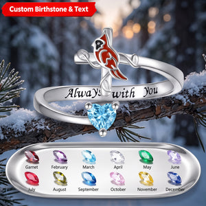 Cardinal On Cross Heart Birthstone Memorial Personalized Ring Rememberance Gift