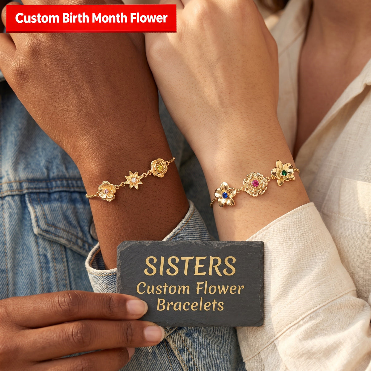 Friendship Garden Personalized 1-10 Three-Dimensional Birth Flowers Bracelet For Sisters/Mom/Grandma/Wife