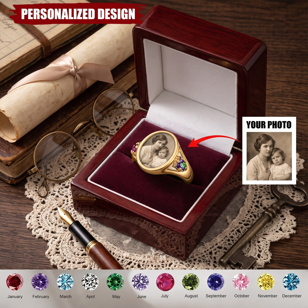 Custom Photo Ring With Birthstones Gift For Her - Personalized Rings