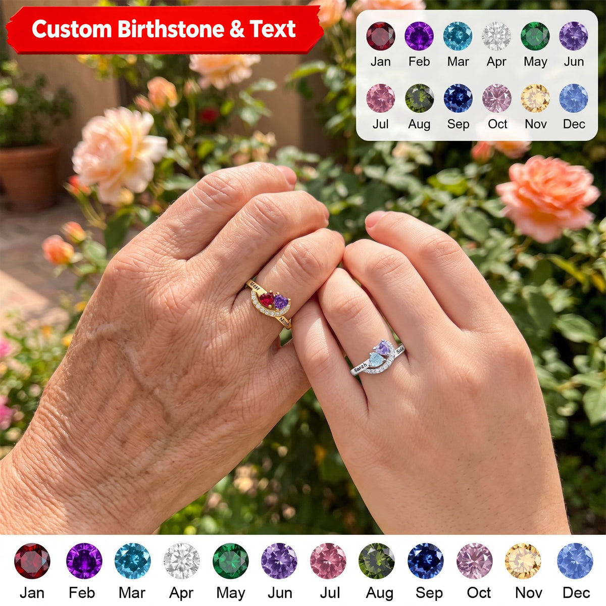 Personalized Promise Heart Cut Birthstone Ring, Two Name Engraved Jewelry Partner Romance Gift for Her