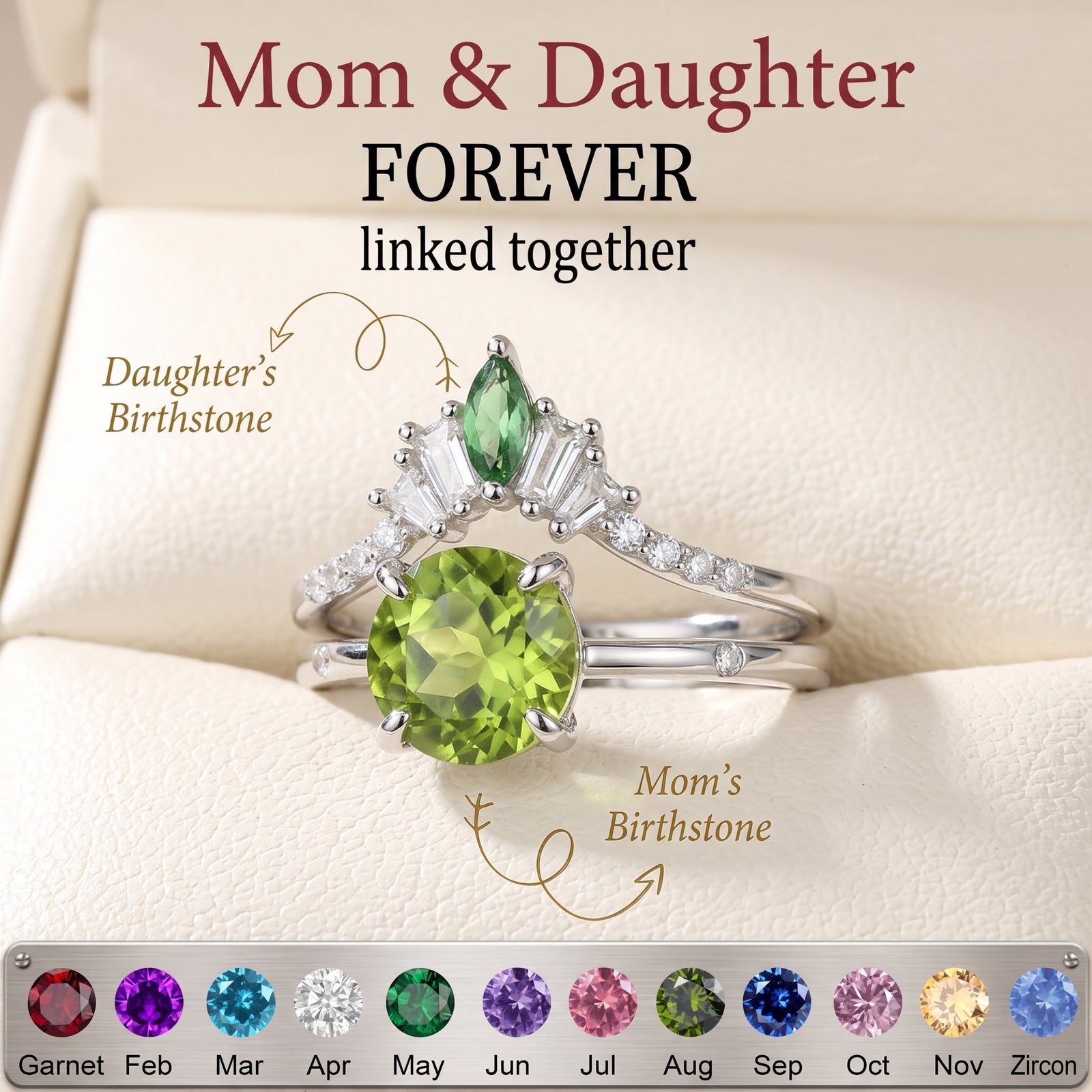 Unique Mother And Daughter Birthstone Personalized Stacking Ring, Gift For Grandma Mom