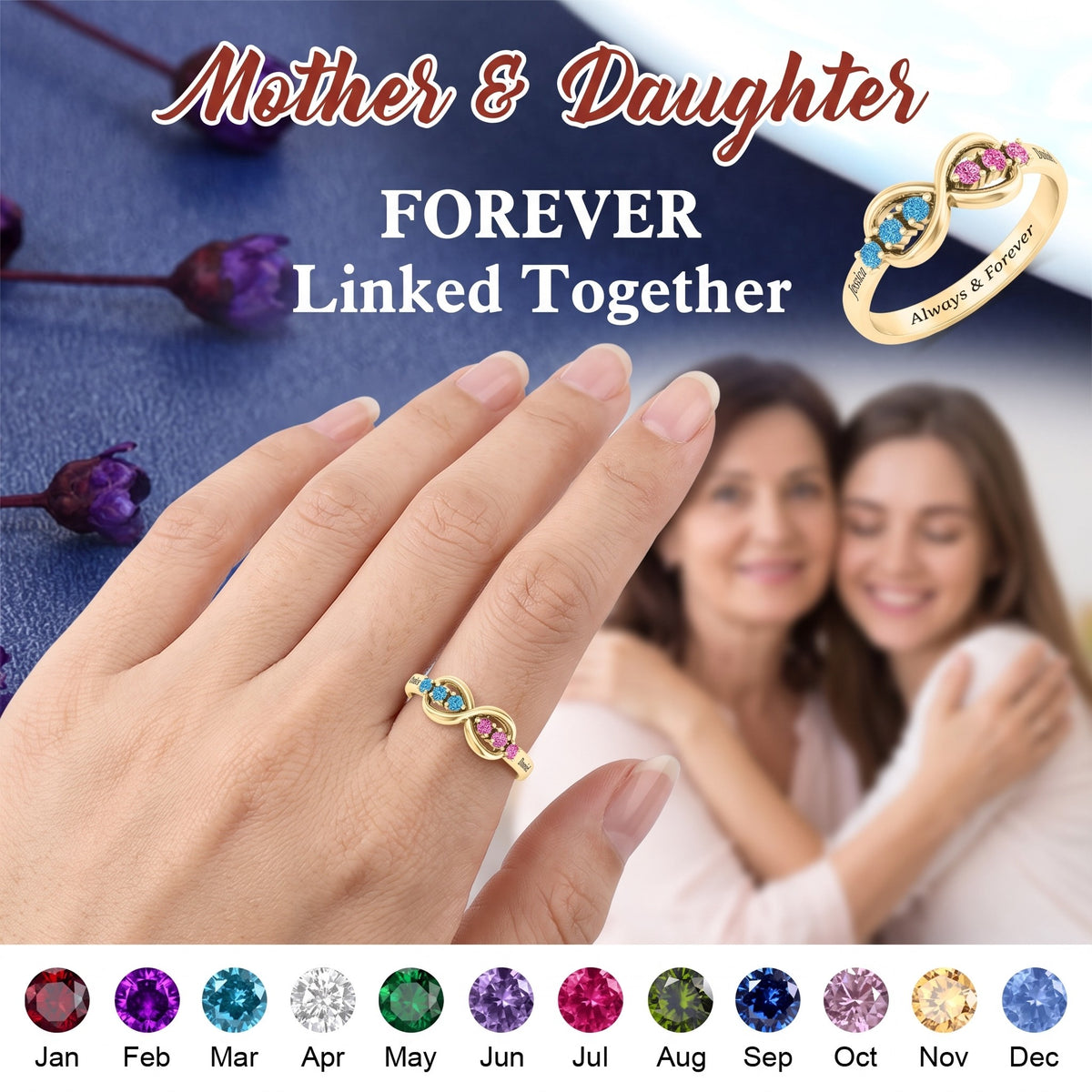 Personalized Infinity Birthstone Engraved Name Ring - Custom Jewelry for Women Couple